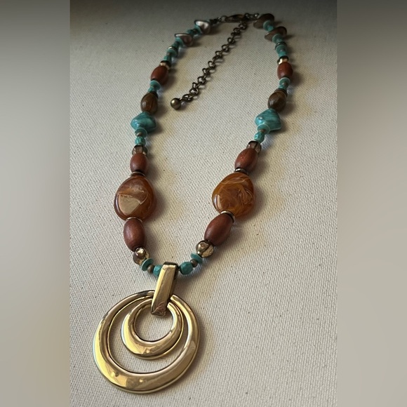 Jewelry - Boho Statement Necklace – Gold Pendant, Turquoise & Acrylic Beads